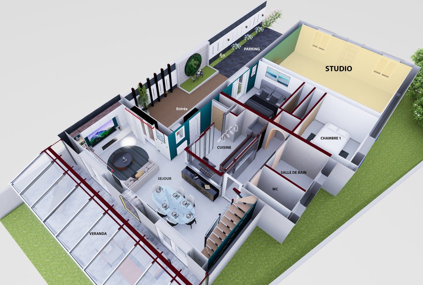 Coupe 3D du projet — organisation des espaces