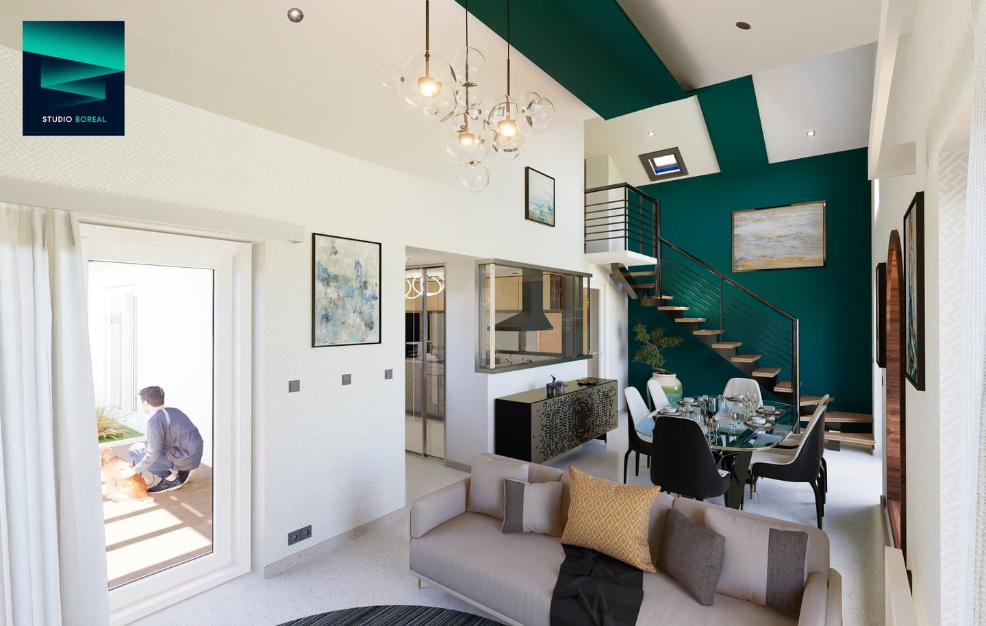 Séjour rénové, vue sur la mezzanine et l'escalier