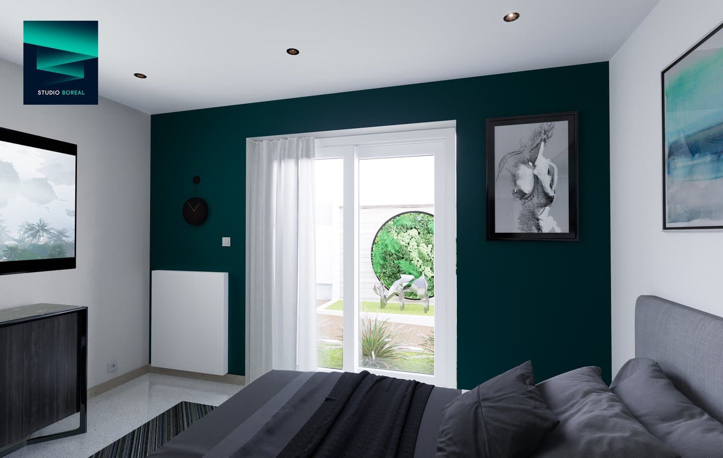 Chambre, vue sur la véranda et le patio